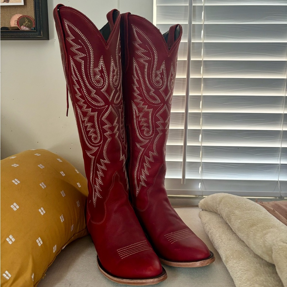 Lane Monica Knee-High Corset Back Cowgirl Boots. Smoldering Ruby.